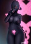  anthro atsuii avian bird black_body breasts corvid corvus_(genus) feathers female fingers hi_res looking_at_viewer nipples non-mammal_breasts nude oscine passerine raven red_eyes simple_background smile solo tongue womb_tattoo 