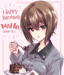  1girl bangs brown_eyes brown_hair cake character_name commentary dated dress_shirt english_text eyebrows_visible_through_hair food fork girls_und_panzer grey_shirt happy_birthday holding holding_fork holding_plate insignia kuroi_mimei kuromorimine_school_uniform light_smile long_sleeves looking_at_viewer nishizumi_maho parted_lips pink_background plate portrait school_uniform shirt short_hair solo wing_collar 