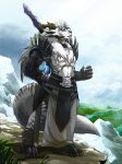  anthro armor blue_eyes charr claws clothed clothing detailed_background digitigrade fangs felid female flat_chested fluffy fluffy_tail fur guild_wars hi_res horn link2004 mammal muscular muscular_anthro muscular_female partially_clothed scar solo spikes video_games white_body white_fur 