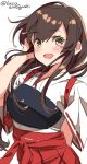  1girl akagi_(kantai_collection) brown_eyes brown_hair commentary_request cowboy_shot hakama hakama_skirt highres japanese_clothes kantai_collection laco_soregashi long_hair looking_at_viewer muneate red_hakama simple_background smile solo straight_hair tasuki twitter_username white_background 