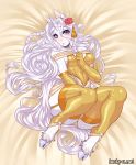  accessory anthro bed_covers bedding blush clothing corsage ears_up equid equine female flower flower_in_hair gloves hair hair_accessory hair_drills handwear hooves horn long_hair looking_at_viewer luckypan lying mammal on_back plant solo unicorn white_hair yellow_gloves yellow_outfit 