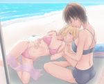  2girls asagao_to_kase-san bangs beach bikini blonde_hair breasts brown_hair closed_eyes couple hand_on_another&#039;s_shoulder holding_hands kaedesaku41983 kase_tomoka lying multiple_girls ocean sitting sleeping summer swimsuit yamada_yui yuri 