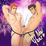  2boys abs arm_up armpits bara bare_chest brown_eyes brown_hair chest chest_hair cowboy_shot cum ejaculation english_text erection facial_hair fireworks hairy happy_new_year jasdavi jockstrap male_focus multiple_boys multiple_penises muscle navel navel_hair new_year nipples orange_hair original penis penises_touching projectile_cum short_hair sideburns stubble thick_thighs thighs underwear yaoi 