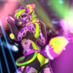  1:1 2020 anthro clothed clothing digital_media_(artwork) excitedgargoyle green_hair hair hi_res hyaenid looking_at_viewer male mammal purple_eyes smile solo spotted_hyena standing 