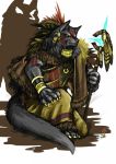 age_difference anthro black_body black_fur canid canine canis claws fangs fluffy fluffy_tail fur hi_res kneeling link2004 male mammal older_male open_mouth painting simple_background solo tattoo wolf yellow_eyes 
