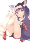  1girl :o animal_ear_fluff animal_ears bangs bare_legs barefoot black_swimsuit blush brown_eyes commentary_request eyebrows_visible_through_hair fox_ears fox_girl fox_tail hair_between_eyes hair_intakes hands_up hatsuse_izuna head_tilt headband knees_up long_hair long_sleeves looking_at_viewer navel no_game_no_life old_school_swimsuit one-piece_swimsuit open_clothes open_mouth purple_hair school_swimsuit simple_background sleeves_past_fingers sleeves_past_wrists solo swimsuit tail white_background yuizaki_kazuya 