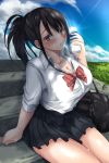  1girl absurdres bag bangs black_hair black_skirt blue_sky breasts brown_eyes can cleavage cloud collarbone collared_shirt day drink feet_out_of_frame funky45 grass highres holding holding_drink hot large_breasts medium_hair original outdoors parted_lips pleated_skirt ponytail red_neckwear school_bag school_uniform shirt sidelocks sitting skirt sky soda_can solo stairs sweat tented_shirt thighs uniform white_shirt 