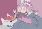  &lt;3 ah_yes._me._my_girlfriend. bed bed_covers bedding cinderace duo female furniture looking_at_viewer lopunny male masayo meme nintendo on_bed pillow plushie pok&eacute;mon pok&eacute;mon_(species) scorbunny shiny_pok&eacute;mon teddy_bear unamused video_games 