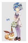  1girl bangs blue_eyes blue_hair blush border bow brown_footwear buttons closed_mouth commentary_request eevee flower freckles gen_1_pokemon hair_bow hairband head_tilt holding holding_flower lana_(pokemon) pantyhose pokemon pokemon_(anime) pokemon_(creature) pokemon_sm_(anime) sasairebun shoes short_sleeves white_border white_flower 