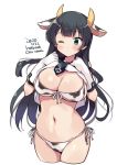  1girl agano_(kantai_collection) anchor_symbol animal_ears animal_print bikini black_hair blush breasts cleavage cow_ears cow_horns cow_print cropped_legs dated eyebrows_visible_through_hair front-tie_bikini front-tie_top gloves green_eyes hair_between_eyes horns kantai_collection large_breasts long_hair navel odawara_hakone one_eye_closed side-tie_bikini simple_background solo swimsuit twitter_username white_background white_gloves 