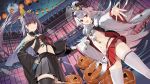  2girls :d ahoge artist_request azur_lane bare_shoulders black_hair black_headwear black_legwear black_shirt black_skirt breasts brown_eyes crop_top crop_top_overhang dutch_angle ghost hair_ribbon halloween hat hat_removed headwear_removed hibiki_(azur_lane) high-waist_skirt high_ponytail horns isuzu_(azur_lane) long_hair long_sleeves looking_at_viewer midriff miniskirt multiple_girls navel off_shoulder official_art open_clothes open_mouth outstretched_arms peaked_cap pleated_skirt ponytail pumpkin red_eyes red_skirt retrofit_(azur_lane) revealing_clothes ribbon sarashi shirt silver_hair skirt small_breasts smile standing stomach suspenders thighhighs v-shaped_eyebrows very_long_hair white_legwear wide_sleeves zettai_ryouiki 