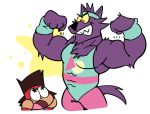  2018 80&#039;s_theme 80s_clothing abs accessory anthro bernard_(ok_k.o.!_lbh) biceps canid canine canis cartoon_network clothed clothing duo exercise flexing fully_clothed fur haps headband human kaio_kincaid male mammal muscular muscular_male ok_k.o.!_let&#039;s_be_heroes pecs purple_body purple_fur simple_background solo_focus star_eyes were werecanid werecanine werewolf wolf workout_clothing yellow_sclera young 