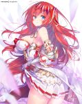  1girl ass bangs bare_shoulders blush breasts closed_mouth dress gauntlets gloves godguard_brodia granblue_fantasy hair_between_eyes hair_ornament hong_(white_spider) long_hair looking_at_viewer red_hair skirt smile thighs very_long_hair white_dress white_skirt 