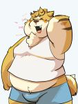  2020 3:4 anthro belly blush bottomwear bulge canid canine canis clothing domestic_dog eyes_closed hi_res kemono male mammal overweight overweight_anthro overweight_male qqmelon888 shiba_inu shirt shorts simple_background solo spitz text topwear white_background 