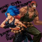  abs bandana belt biceps black_hair black_pants black_tank_top blue_eyes blue_hair character_name explosive gas_can highres hijiki_(b-stroke) leona_heidern load_bearing_vest military military_uniform muscle muscular_female open_mouth pants ralf_jones tank_top teeth the_king_of_fighters the_king_of_fighters_xiii uniform 