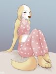  2020 4_toes aggressive_retsuko anthro blush canid canine canis clothing domestic_dog feet_together female fur hi_res inui_(aggressive_retsuko) mammal pajama_pants pajama_shirt pajamas paws plantigrade ruth66 sanrio smile solo toes 