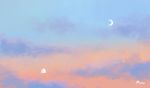  ayu_(mog) blue_sky cloud cloudy_sky crescent_moon day ghost gradient_sky moon no_humans orange_sky original outdoors scenery signature sky 