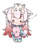  1girl =_= animal_ears animal_on_head blush cat cat_ears cat_on_head cat_tail chibi commentary_request gradient_hair holding holding_pillow hololive horns kemonomimi_mode long_hair multicolored_hair nakiri_ayame namaonpa on_head pajamas pillow red_hair simple_background sleepy solo standing tail virtual_youtuber white_background white_hair 