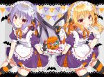  2girls alternate_costume apron bat bat_wings beni_kurage black_cat blonde_hair blue_hair blush candy cat commentary dress english_text enmaided eyebrows_visible_through_hair fang fang_out feet_out_of_frame finger_to_mouth flandre_scarlet food ghost grey_background hair_between_eyes halloween hand_on_own_thigh highres holding holding_plate jack-o&#039;-lantern lace_border layered_skirt leaning_forward looking_at_viewer maid maid_apron maid_headdress multiple_girls neck_ribbon one_side_up orange_neckwear parted_lips plate pointy_ears purple_dress red_eyes remilia_scarlet ribbon short_hair siblings sisters skirt standing streamers striped striped_background striped_legwear thighhighs touhou wings 