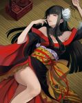  1girl bangs black_hair blunt_bangs breasts cleavage final_fantasy final_fantasy_xiv flower hair_flower hair_ornament highres hyur japanese_clothes kimono lace_collar large_breasts lips long_hair looking_at_viewer lying moko_(user_vnsh2874) mole mole_under_mouth obi off-shoulder_kimono on_back sash solo tatami yellow_eyes yotsuyu_(ff14) yuujo 