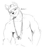  anthro canid canine canis clothed clothing cross durag goon_(goonie_san) goonie-san half-closed_eyes hi_res jewelry male mammal monochrome narrowed_eyes navel necklace seductive seductive_eyes seductive_gaze seductive_look seductive_smile sharp_teeth smile solo squint teeth text topless topless_male wolf 