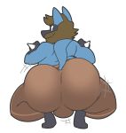 2020 anthro big_butt blue_body brown_hair bulge butt canid canine clothed clothing cole_(colelucario) colelucario digital_media_(artwork) hair hi_res huge_butt looking_back lucario male mammal motion_lines nintendo pok&eacute;mon pok&eacute;mon_(species) presenting presenting_hindquarters raised_tail simple_background solo thick_thighs video_games white_background wide_hips 