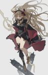  1girl absurdres asymmetrical_legwear asymmetrical_sleeves bangs birdcage black_cape blonde_hair breasts cage cape earrings ereshkigal_(fate/grand_order) fate/grand_order fate_(series) gold_trim highres hoop_earrings jewelry long_hair looking_at_viewer medium_breasts meslamtaea_(weapon) multicolored multicolored_cape multicolored_clothes parted_bangs polearm red_cape red_eyes simple_background single_sleeve single_thighhigh skull spear spine thighhighs tiara two_side_up very_long_hair weapon zhibuji_loom 