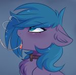  2019 absurd_res ambiguous_gender bat_pony belfry_towers_(sparklesmart) blue_background blue_eyes blue_mane blush bodily_fluids chest_tuft collar cum cum_drip cum_in_mouth cum_inside cum_string dripping ears_back english_text equid fan_character feral fur genital_fluids hasbro hi_res inner_ear_fluff mammal mane my_little_pony open_mouth pesty_skillengton pivoted_ears portrait pupils purple_body purple_fur signature simple_background slit_pupils solo text tongue tongue_out tuft 