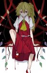  1girl absurdres blonde_hair blood blood_drip bright_pupils commentary_request crystal flandre_scarlet full_body highres hisha_(kan_moko) knee_up long_hair looking_at_viewer mary_janes no_hat no_headwear pool_of_blood red_eyes red_footwear red_skirt red_vest shirt shoes short_sleeves side_ponytail skirt socks touhou vest white_legwear white_pupils white_shirt wings yellow_neckwear 