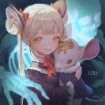  1girl bangs blonde_hair double_bun echosdoodle hair_ornament long_hair long_sleeves looking_at_viewer luna_(shadowverse) puffy_sleeves ribbon shadowverse skeleton smile solo stuffed_animal stuffed_toy twintails yellow_eyes 