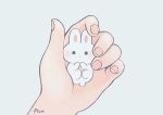  1other animal ayu_(mog) bunny fingernails grey_background holding holding_animal looking_at_viewer original out_of_frame pink_nails signature simple_background 