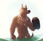  2020 anthro athletic athletic_anthro athletic_male black_nose blonde_hair bottomwear brown_body brown_fur canid canine canis chest_tuft clothing domestic_dog fur hair hi_res holding_clothing holding_object male mammal navel neck_tattoo neck_tuft nipples nude paintfox partially_submerged pubes short_hair shorts skinny_dipping smile smirk solo tattoo tribal_tattoo tuft water wet wet_body wet_clothing wet_fur 