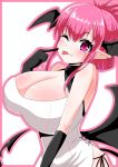  1girl :3 black_gloves black_wings breasts cleavage dress elbow_gloves fangs finger_to_face gloves head_wings heal_&amp;_squeeze houshi large_breasts pink_eyes pink_hair pointy_ears sakura_(heal_&amp;_squeeze) tied_hair tongue tongue_out vampire vietnamese_clothes vietnamese_dress white_dress wings 