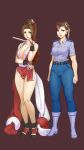  2girls arm_guards bare_shoulders belt black_belt black_footwear blue_footwear blue_pants blue_shirt breasts brown_eyes brown_hair chun-li chunlieater cleavage clenched_hands closed_fan collared_shirt commentary_request double_bun earrings fan fatal_fury folding_fan full_body hair_bun hair_ribbon hair_tie high_heels high_ponytail highres holding holding_fan jewelry large_breasts long_hair multiple_girls ninja pants pelvic_curtain police police_uniform policewoman ponytail revealing_clothes ribbon rope shiranui_mai shirt standing street_fighter the_king_of_fighters thighs uniform 