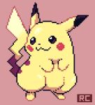  :3 artsy-rc closed_mouth commentary english_commentary full_body gen_1_pokemon highres no_humans pikachu pink_background pixel_art pixelated pokemon pokemon_(creature) signature simple_background smile solo 