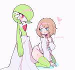  1boy 1girl arched_back bangs blue_eyes blush bob_cut bottomless brown_hair censored_text claire_(clarevoir) clarevoir closed_mouth commentary english_commentary english_text erection erection_under_clothes flat_chest full_body gardevoir gen_3_pokemon gloria_(pokemon) green_hair green_legwear green_skin groin hair_over_one_eye half-closed_eyes hand_up happy heart hetero index_finger_raised interspecies kneeling long_sleeves looking_at_another looking_back looking_down medium_hair otoko_no_ko parted_lips pokemon pokemon_(creature) pokemon_(game) pokemon_swsh presenting profanity red_eyes shiny shiny_clothes shiny_hair shirt short_hair simple_background skindentation smile standing sweat talking teeth thighhighs two-tone_skin white_shirt white_skin 