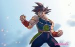  1boy armor artist_name bardock black_hair clenched_hands commentary_request dragon_ball fingernails headband looking_to_the_side male_focus muscle naomi_(nplusn) open_mouth red_headband solo spiked_hair tail teeth tongue watermark 
