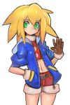  1girl belt blonde_hair blue_coat blush breasts brown_gloves coat dakusuta gloves green_eyes hair_between_eyes hand_in_pocket highres long_hair navel red_shorts rockman rockman_dash roll_caskett shorts simple_background small_breasts smile solo white_background 