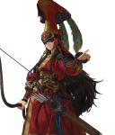 1girl absurdres armor arrow_(projectile) black_eyes black_hair bow_(weapon) closed_mouth corset dress hat hat_feather highres holding holding_bow_(weapon) holding_weapon jaeyeong long_hair long_sleeves looking_at_viewer original peacock_feathers quiver red_dress shoulder_armor simple_background solo standing weapon white_background 