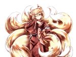  1girl alternate_color alternate_costume animal_ear_fluff animal_ears bangs blonde_hair blue_sash blush bow brown_bow brown_kimono chinese_commentary commentary_request cowboy_shot detached_sleeves eyebrows_visible_through_hair findzhenxin floral_print fluffy fox_ears fox_tail head_tilt japanese_clothes kimono kitsune large_bow large_tail long_sleeves looking_at_viewer multiple_tails no_hat no_headwear obi sash sidelocks solo tail tail_grab tail_hold touhou transparent_background wide_sleeves yakumo_ran yellow_eyes 