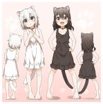  2girls :d absurdres animal_ear_fluff animal_ears bare_arms bare_shoulders barefoot bell bell_collar black_dress black_hair blush brown_collar brown_eyes cat_ears cat_girl cat_tail collar collarbone commentary_request dress facing_away frilled_dress frills hands_on_hips hands_together hands_up head_tilt highres jingle_bell long_hair looking_at_viewer multiple_girls multiple_views open_mouth original own_hands_together parted_lips purple_eyes red_collar shadow short_hair sleeveless sleeveless_dress smile standing tail white_dress white_hair yukie_(kusaka_shi) 