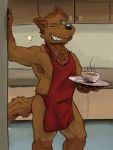  3:4 anthro apron apron_only canid canine canis claws clothing domestic_dog fluffy food grin hi_res implied_erection kitchen madrathefox male mammal mostly_nude one_eye_closed plate smile solo teeth wink 