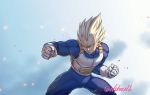  1boy aqua_eyes armor artist_name blonde_hair clenched_hands closed_mouth commentary_request dragon_ball gloves hunched_over legs_apart male_focus muscle naomi_(nplusn) solo spiked_hair super_saiyan vegeta watermark white_gloves 