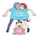  1boy 1girl angry blue_eyes blue_hair embarrassed gen_1_pokemon green_eyes highres james_(pokemon) jessie_(pokemon) kiana_mai meowth pokemon pokemon_(anime) pokemon_(creature) shared_clothes shirt t-shirt 