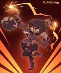  1girl aliasing artist_name bangs belt blunt_bangs bob_cut bomb boots brown_background brown_belt brown_footwear brown_hair brown_jacket brown_legwear brown_theme character_request clenched_hand commentary commission copyright_request cubesona dark_skin english_commentary glowing head_wick high_collar holding_bomb jacket leg_up lit_fuse long_sleeves looking_up miniskirt open_mouth orange_eyes outline pleated_skirt sharp_teeth short_hair signature skirt solo teeth thighhighs upper_teeth wick zettai_ryouiki zipper zipper_pull_tab 