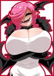  1girl =_= arms_under_breasts bat_wings black_fur black_gloves black_neckwear black_wings braid braided_ponytail breasts cleavage closed_eyes curvy dahila_(heal_&amp;_squeeze) dress elbow_gloves fangs fur_trim gloves hair_over_one_eye head_wings heal_&amp;_squeeze houshi huge_breasts long_hair looking_at_viewer neckwear open_mouth pink_hair pointy_ears shaded_face shading sharp_teeth smile teeth vampire vietnamese_clothes vietnamese_dress white_background wings 