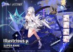  1girl aircraft alternate_costume ankle_boots azur_lane bangs bare_shoulders blue_eyes blush boots breasts byulzzi cleavage commentary copyright_name dress elbow_gloves expressions eyebrows_visible_through_hair flight_deck gloves hair_ornament hair_ribbon hat idol illustrious_(azur_lane) illustrious_(muse)_(azur_lane) knee_up large_breasts leg_up long_hair looking_at_viewer manjuu_(azur_lane) mole mole_under_eye official_art ribbon rigging smile solo standing standing_on_one_leg very_long_hair white_dress white_footwear white_gloves white_hair 