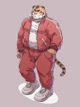  2020 anthro bearwivme belly biped bottomwear bulge clothing felid hi_res humanoid_hands male mammal musclegut pantherine pants simple_background slightly_chubby solo tiger tracksuit 