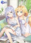  2girls absurdres ahoge azur_lane blonde_hair cellphone copyright_name glasses green_eyes highres indoors l&#039;opiniatre_(azur_lane) le_temeraire_(azur_lane) magazine multiple_girls phone plant purple_hair siblings sisters smartphone twintails window_shade yoshito 