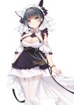  1girl :3 absurdres aqua_eyes arms_at_sides azur_lane bangs bell black_dress black_hair blunt_bangs breasts cheshire_(azur_lane) cleavage detached_sleeves dress earrings eyebrows_visible_through_hair frills highres jewelry jingle_bell large_breasts looking_at_viewer maid_headdress multicolored_hair revision ribbon short_hair simple_background slit_pupils smile solo standing streaked_hair thighhighs tming white_background white_legwear wrist_cuffs 